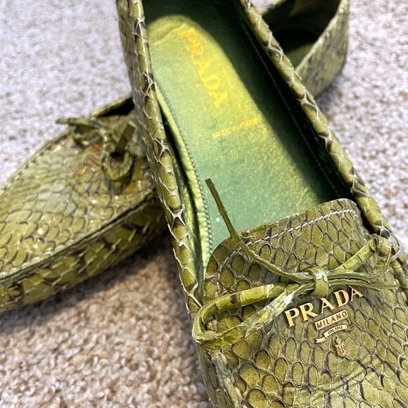 PRADA Snakeskin Green Driving Loafers | Leather Tie Designer Logo Flats - Picture 1 of 12